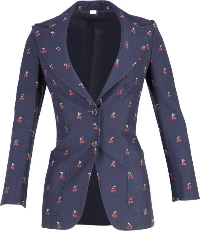 Gucci Vintage Gucci Cherry Fil Coupé Blazer Jacket in Navy Blue Cotton Blauw Dames