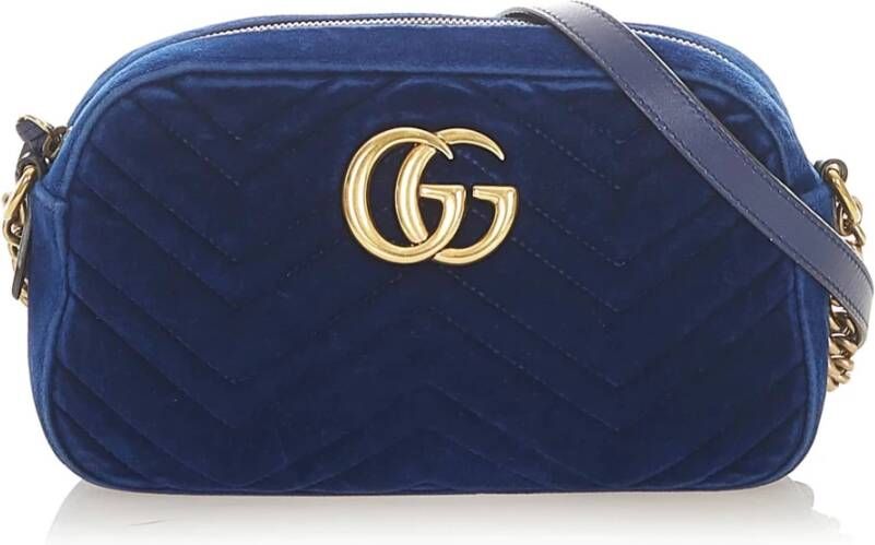 Gucci Vintage Gucci GG Marmont Crossbody Bag Blue Quilted Velvet Blauw Dames