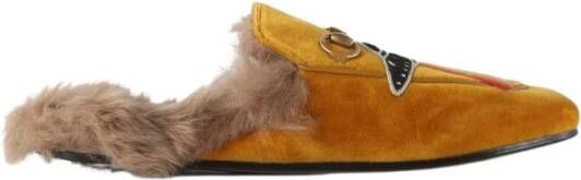 Gucci Vintage Gucci Mustard Velvet Fur Lining UFO Embroidered Princetown Flat Mules Geel Dames