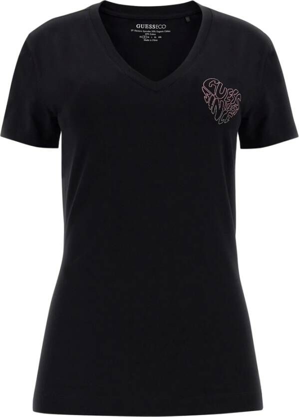 Guess Stretch Katoenen T-Shirt met Strass Logo Zwart Black Dames