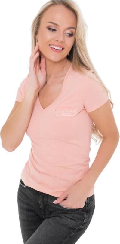Guess Dames V-hals T-shirt van katoen Roses Roze Dames