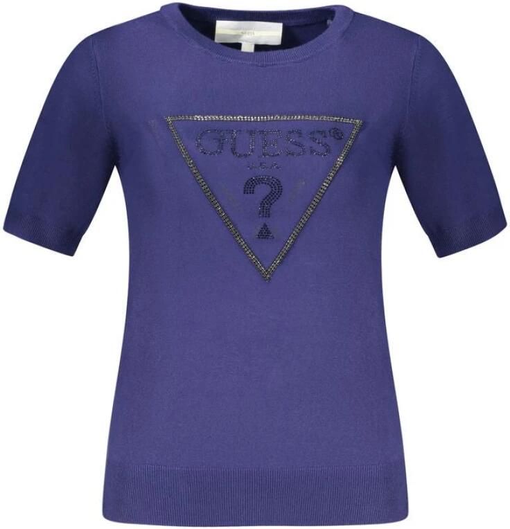 Guess Blauwe Dames T-shirt met Korte Mouwen en Contrasterende Details en Logo Blue Dames