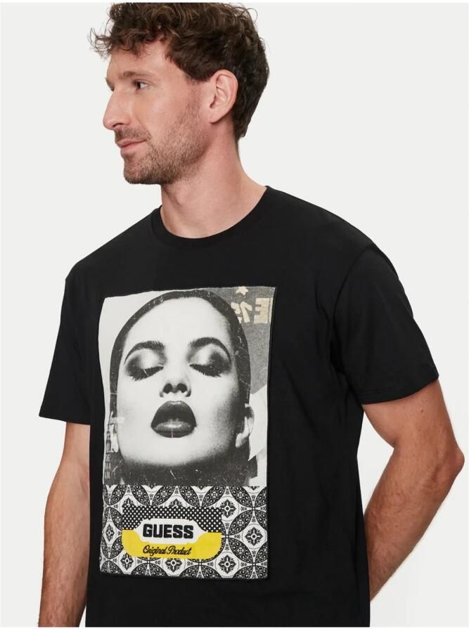 Guess Katoen Foto Print T-Shirt Zwart Black Heren