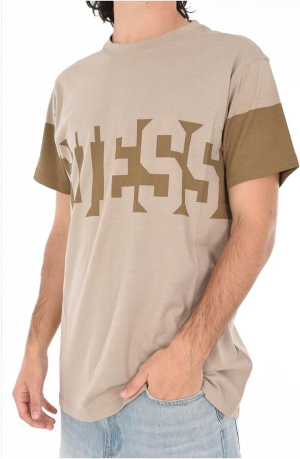 Guess Katoen Logo T-shirt Beige Ronde Hals Korte Mouw Beige Heren