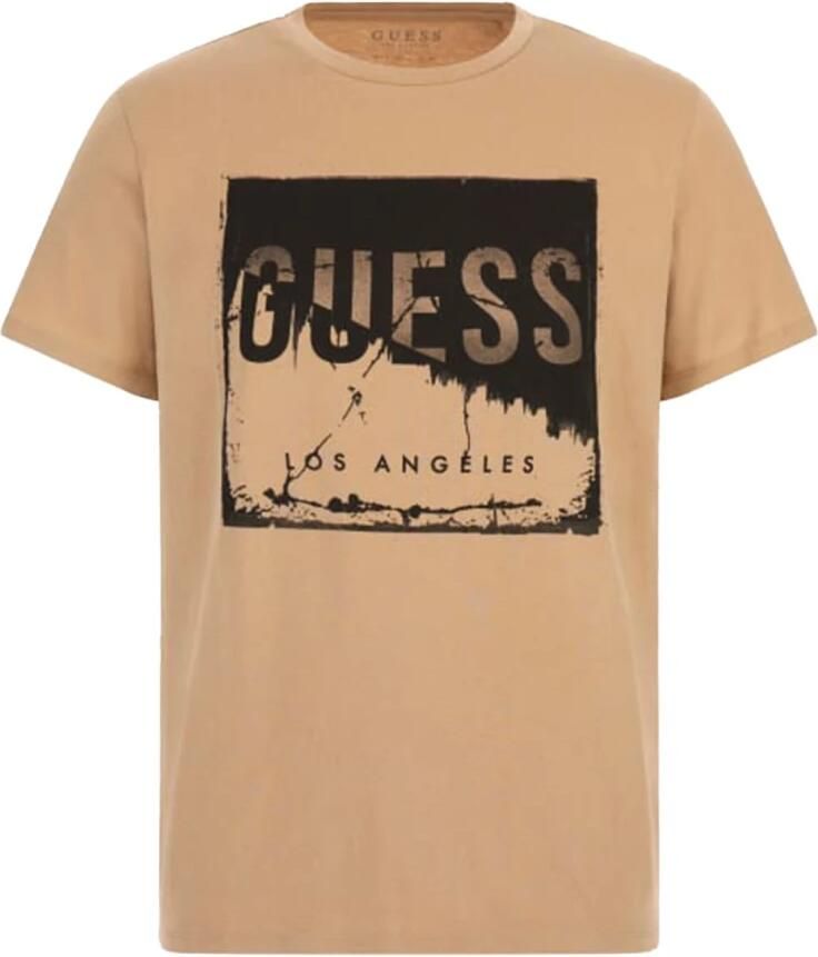 Guess Korte Mouw Katoen Logo T-shirt Beige Heren