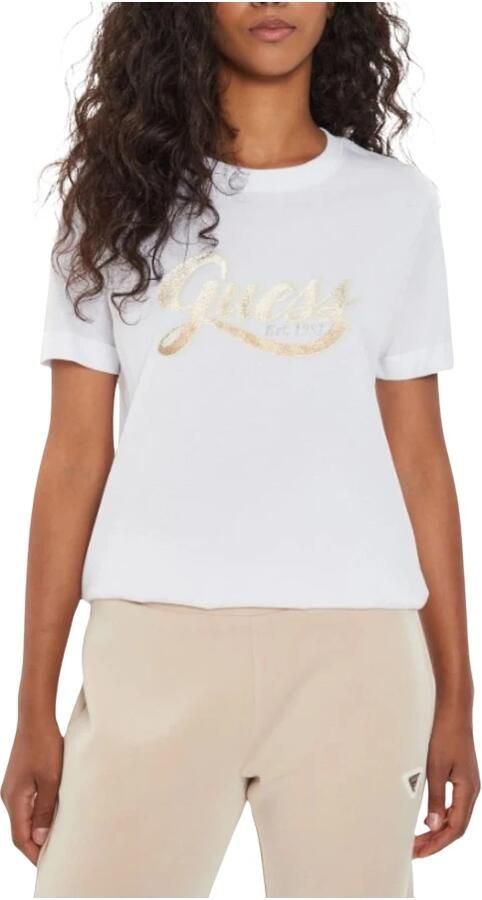 Guess Glittery Logo T-Shirt Herfst Winter Collectie White Dames - Foto 3