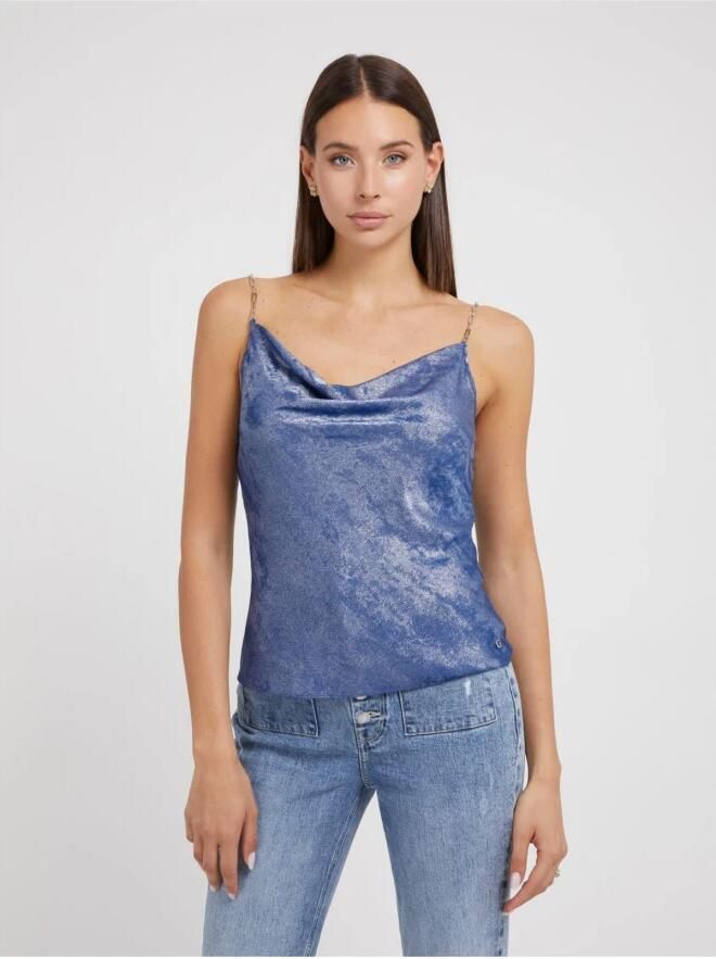 Guess Mouwloze Chainette Top Blauwe Glitter Blauw Dames