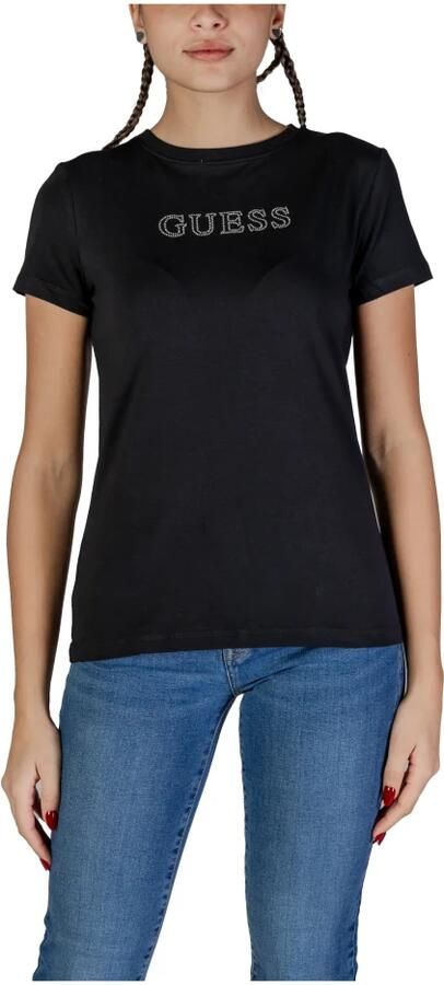 Guess Zwarte Katoenen T-shirt met Korte Mouwen en Strass Details Black Dames