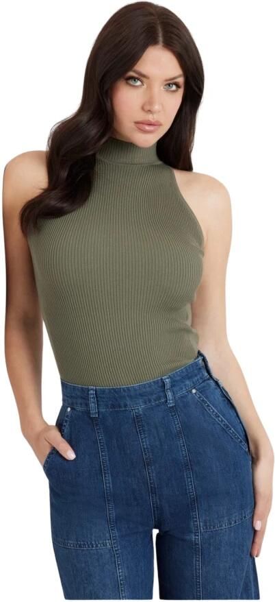 Guess Ribbed Top Groen Aansluitend Hoge Hals Green Dames