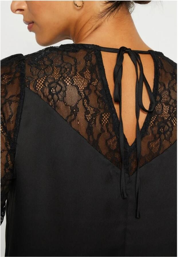 Guess Satijnen en kanten top Zwart Vloeiende pasvorm Lange mouwen Black Dames