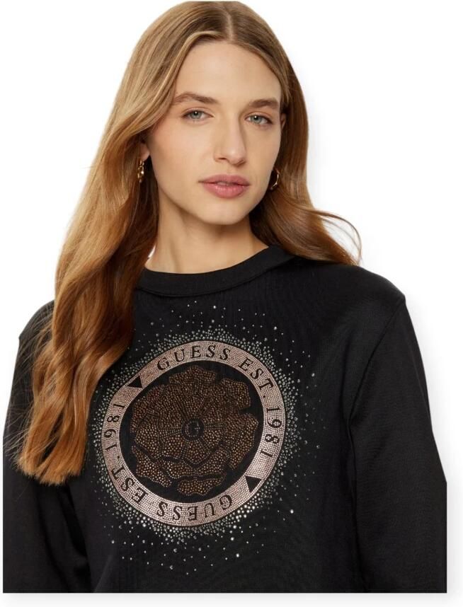 Guess Lange Mouw Zwarte Top met Peony Logo Black Dames