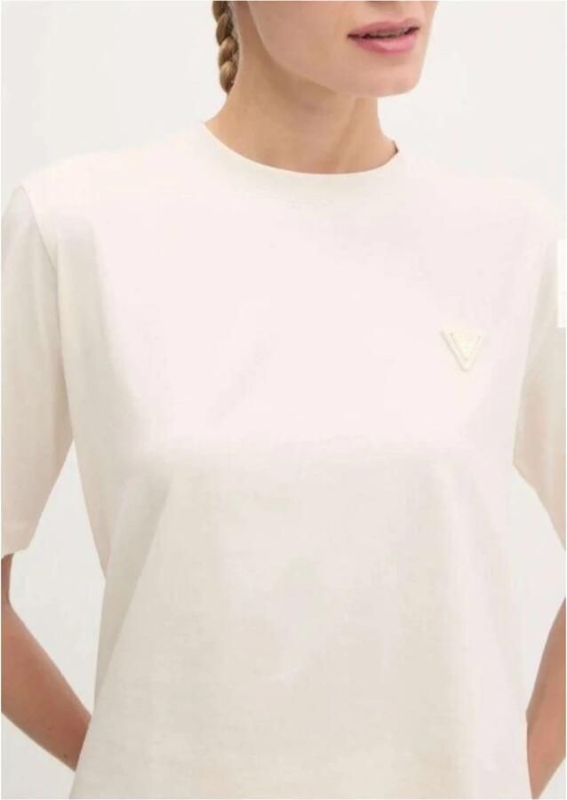 Guess Katoen Logo T-shirt Beige Ronde Hals Korte Mouw Beige Dames