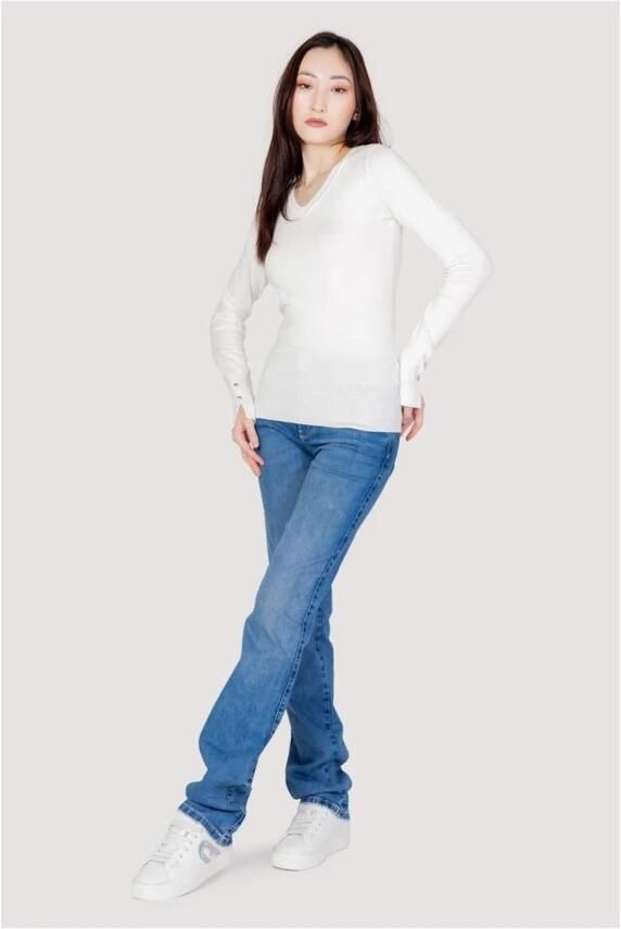 Guess Slim Fit Trui V-Hals Lange Mouwen Rhinestone Logo White Dames