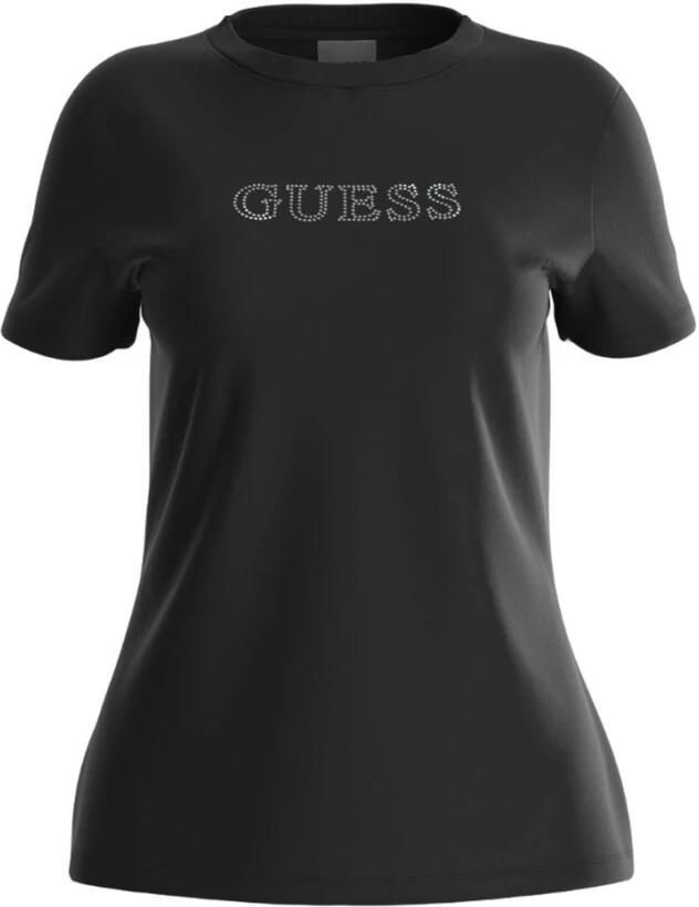 Guess Zwarte Katoenen T-shirt met Korte Mouwen en Strass Details Black Dames