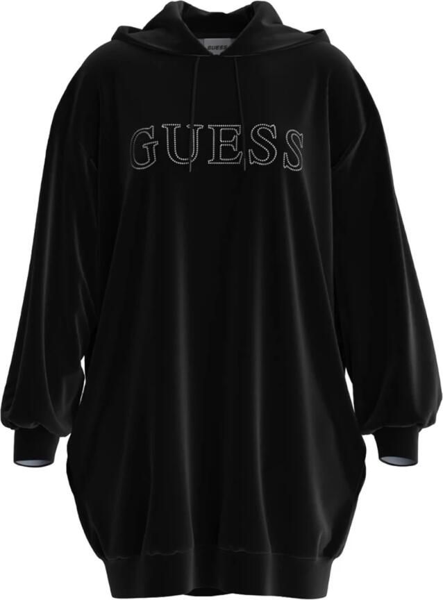 Guess Fluwelen Hoodie Jurk met Strass Logo Black Dames