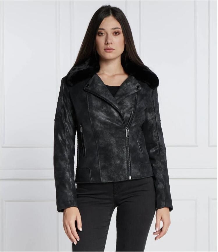 Guess Zwarte getailleerde bikerjas met afneembare bontkraag Zwart Dames - Foto 2