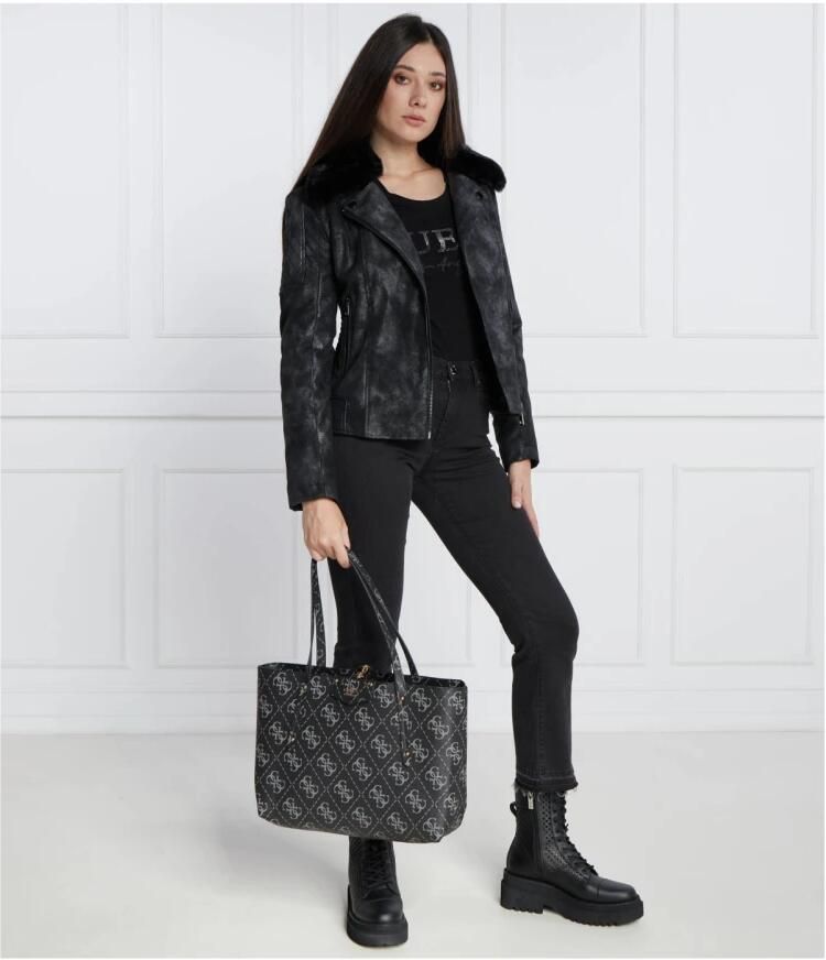 Guess Zwarte getailleerde bikerjas met afneembare bontkraag Zwart Dames