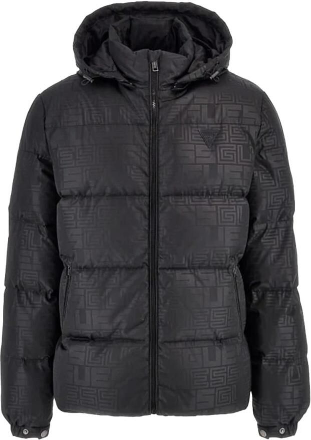 Guess Zwarte gewatteerde jas met capuchon en logo Black Heren