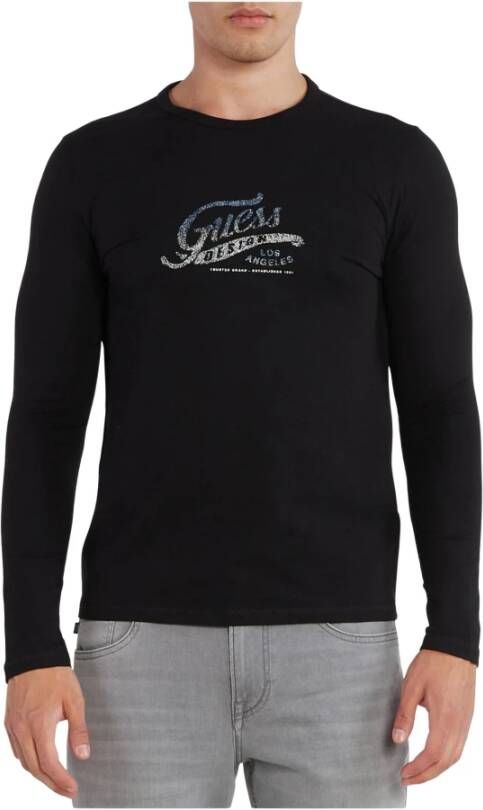 Guess Logo Print Katoenen T-Shirt met Lange Mouwen ML Stijl Zwart Heren
