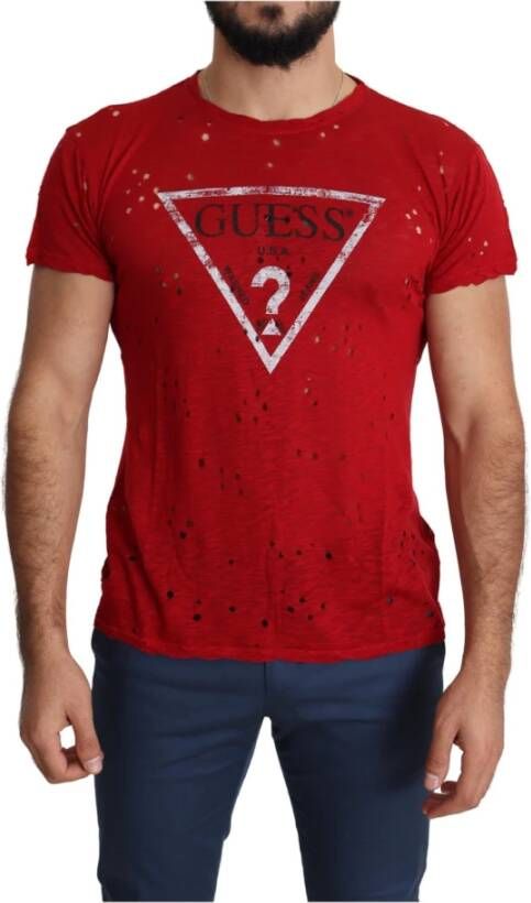 Guess Red Cotton Logo Print Men Casual Top Perforated T-shirt Rood Heren