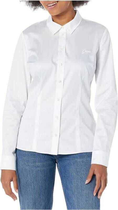 Guess Effen katoenen blouse Aansluitend puntige kraag lange mouwen White Dames