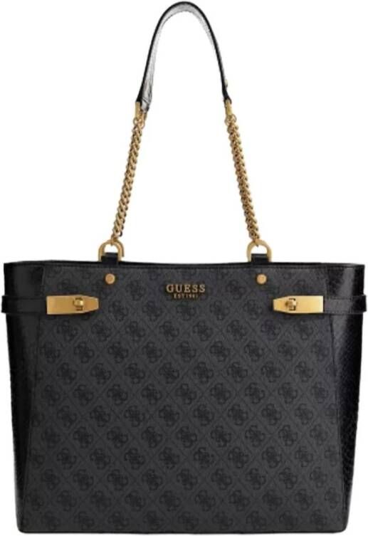 Guess Zwarte Polyurethaan Handtas met Kettinghengsels en Meerdere Compartimenten Black Dames