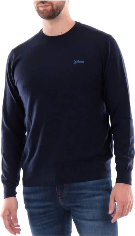 Guess Heren trui van zijde blend met geborduurd logo Blauw Heren