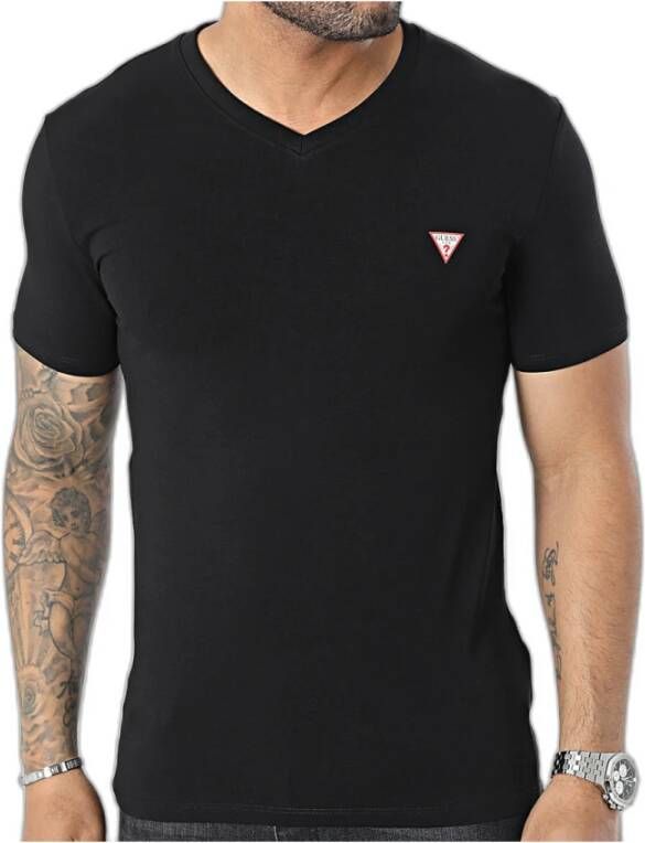 Guess Stretch Eco-Vriendelijk T-Shirt Zwart Slim Fit V-Hals Black Heren