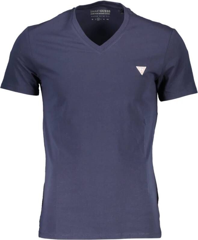 Guess Slim Fit Blauw Katoenen T-shirt met V-Hals en Logo Blue Heren