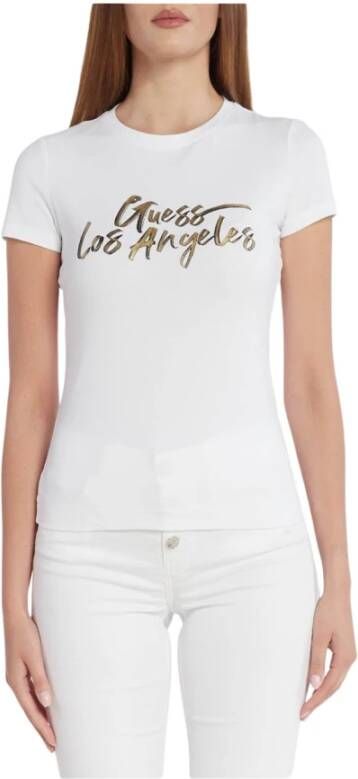 Guess Stretch Logo Bedrukt T-shirt Jeans White Dames