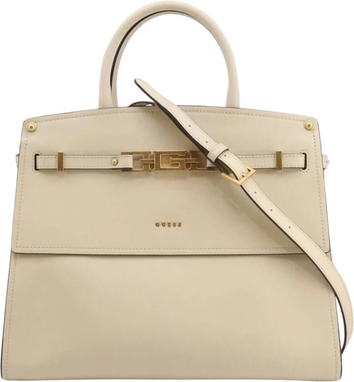 Guess Leren Handtas met Metalen Sluiting en Meerdere Compartimenten Beige Dames