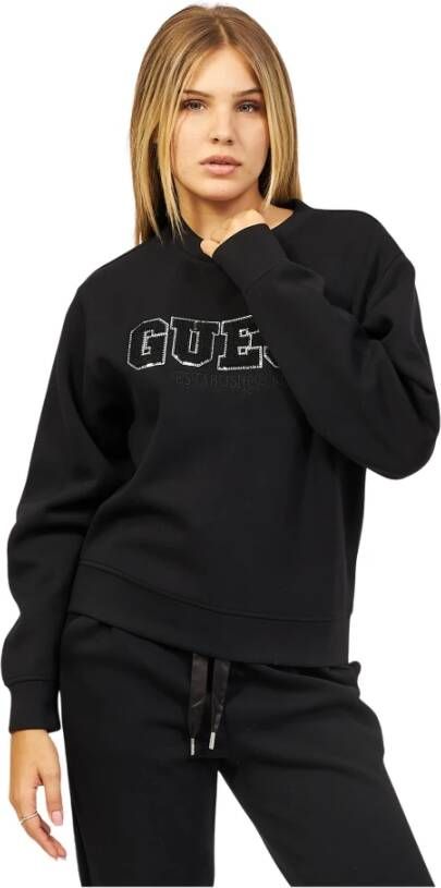 Guess Logo Sweatshirt Zwart Rechte Pasvorm Pailletten Logo Black Heren