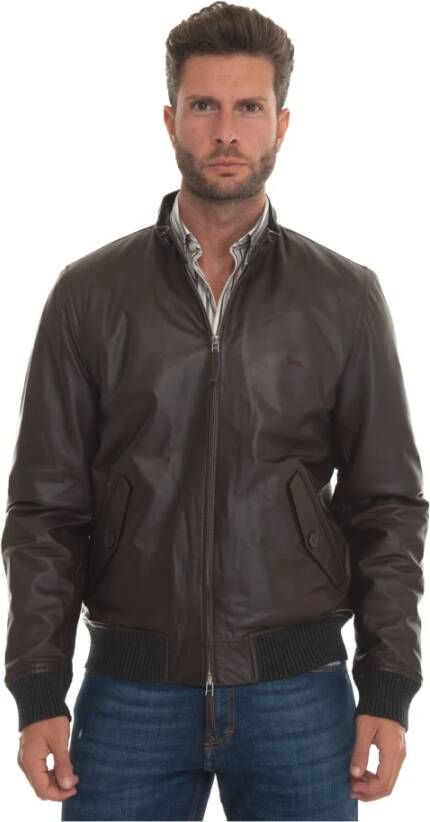 Harmont & Blaine Slim Fit Leren Harrington Jas Bruin Heren