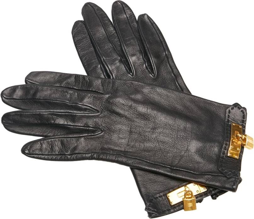 Hermès Vintage Soya Cadena Gloves Leather Lambskin Leather France Zwart Dames