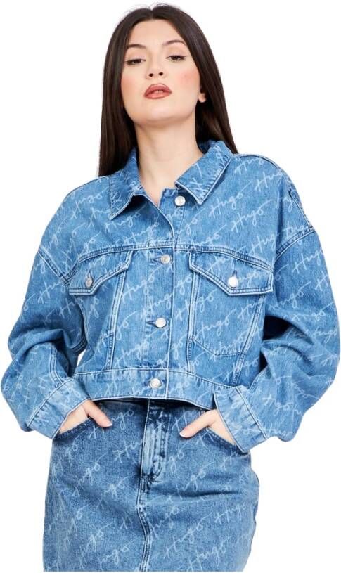 HUGO Cropped jeansjack met all-over labelmotief model 'Galentina'
