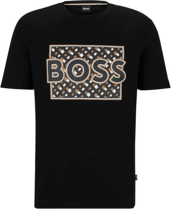 Hugo Boss Heren Regular Fit T-shirt met platte en rubberen logo prints Zwart Heren
