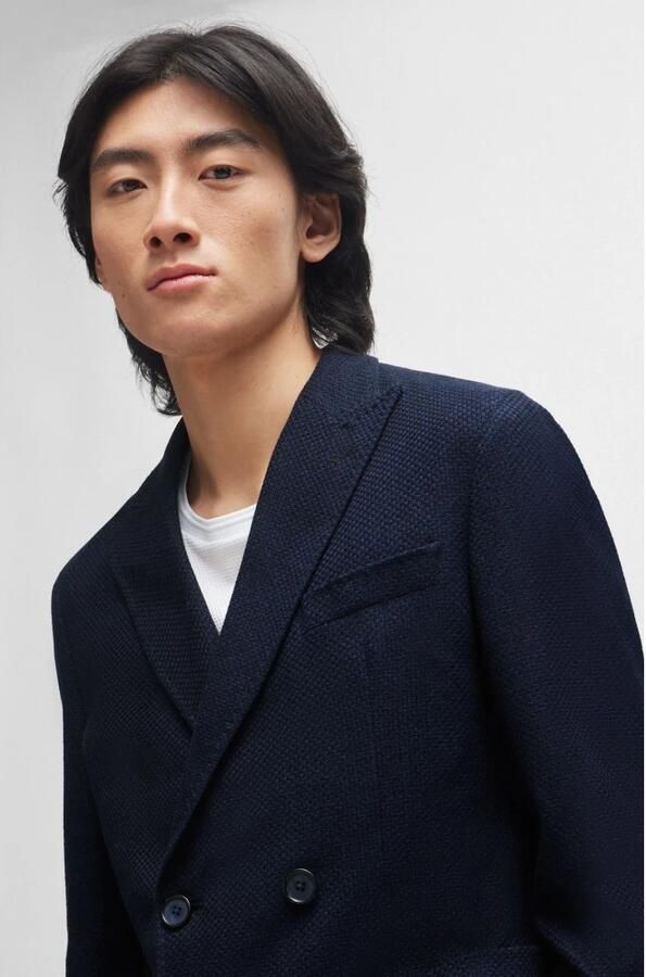 Hugo Boss Blauw Dubbelborst Lichtgewicht Geweven Jas Blue Heren