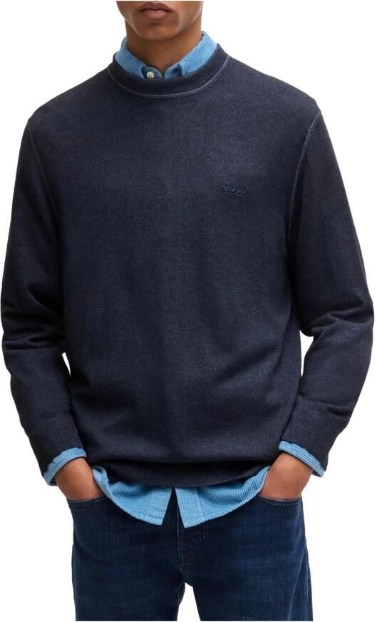 Boss Orange Blauwe Wollen Trui Geribbelde Ronde Hals Lange Mouw Blue Heren - Foto 8
