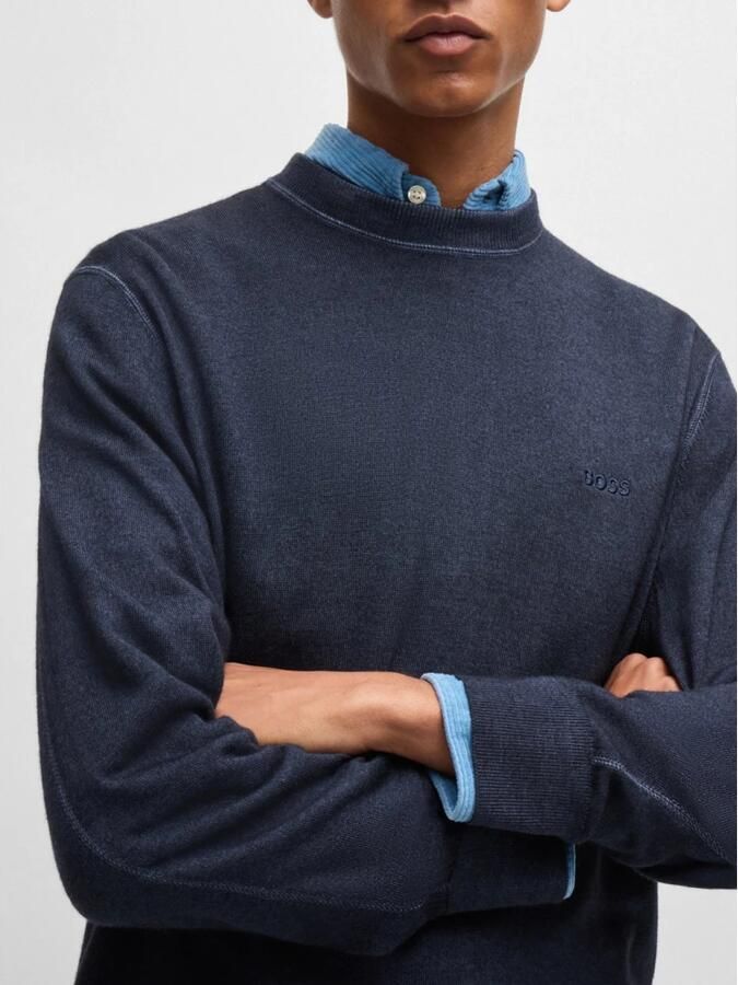 Boss Orange Blauwe Wollen Trui Geribbelde Ronde Hals Lange Mouw Blue Heren
