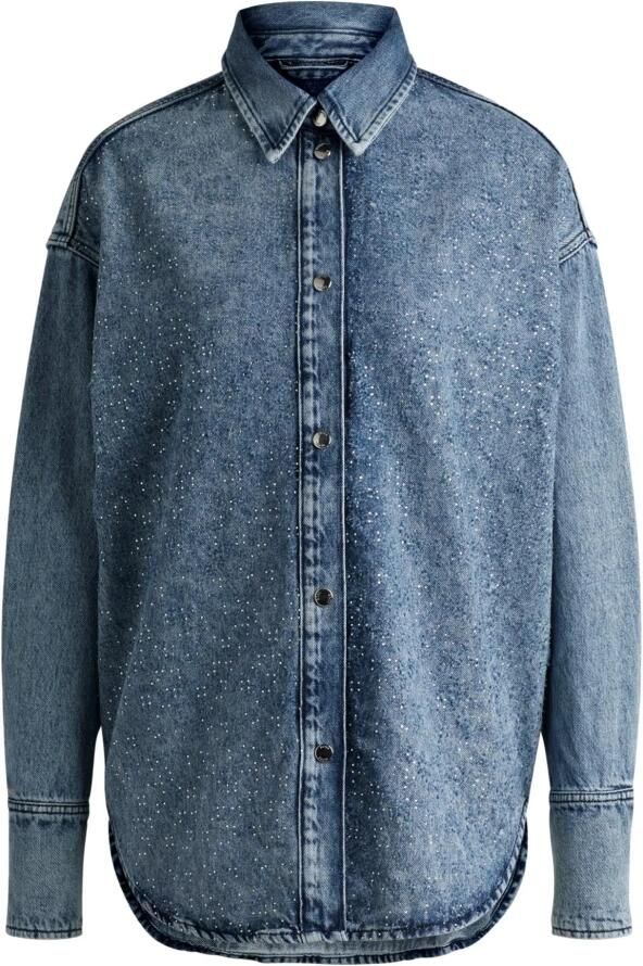 Boss Orange Klassieke blouse C_DENIM SHIRT HF met blazerkraag en all-over strass & glinster effect