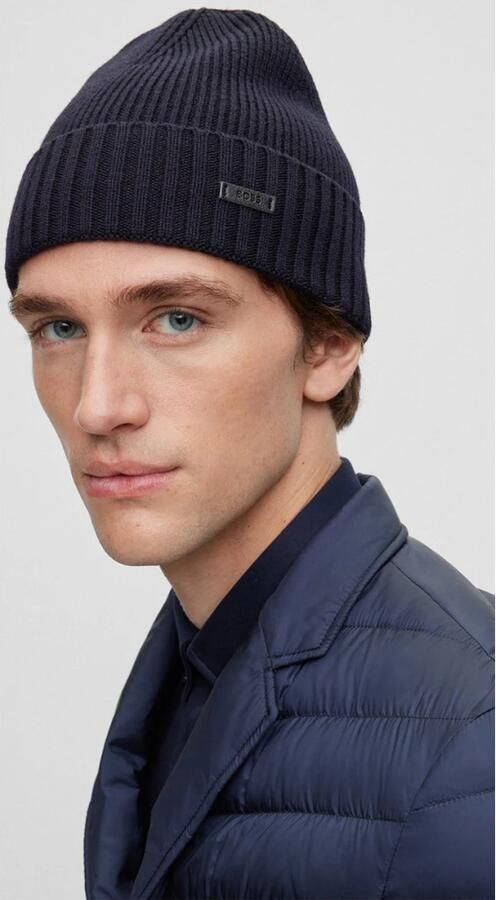 Hugo Boss Geribbelde Wol Beanie Hoed Mannen Blue Heren - Foto 2