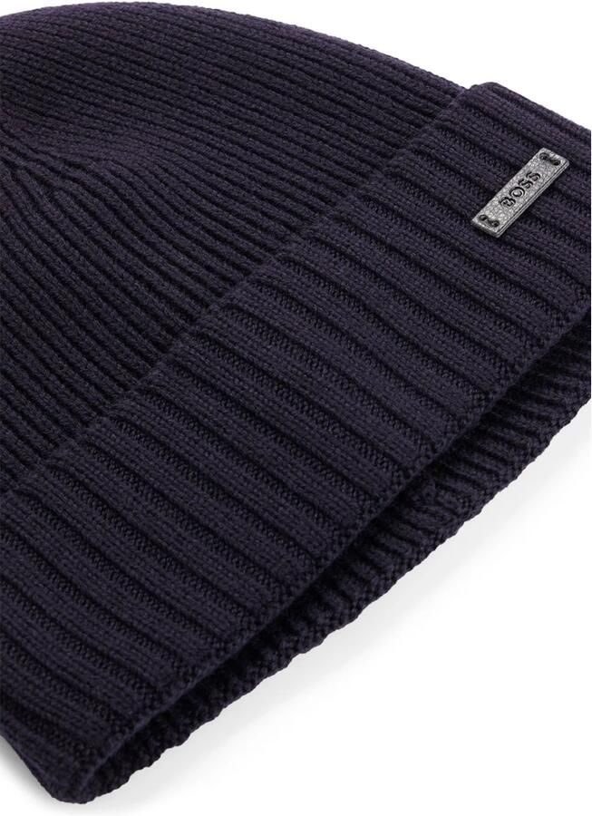 Hugo Boss Geribbelde Wol Beanie Hoed Mannen Blue Heren