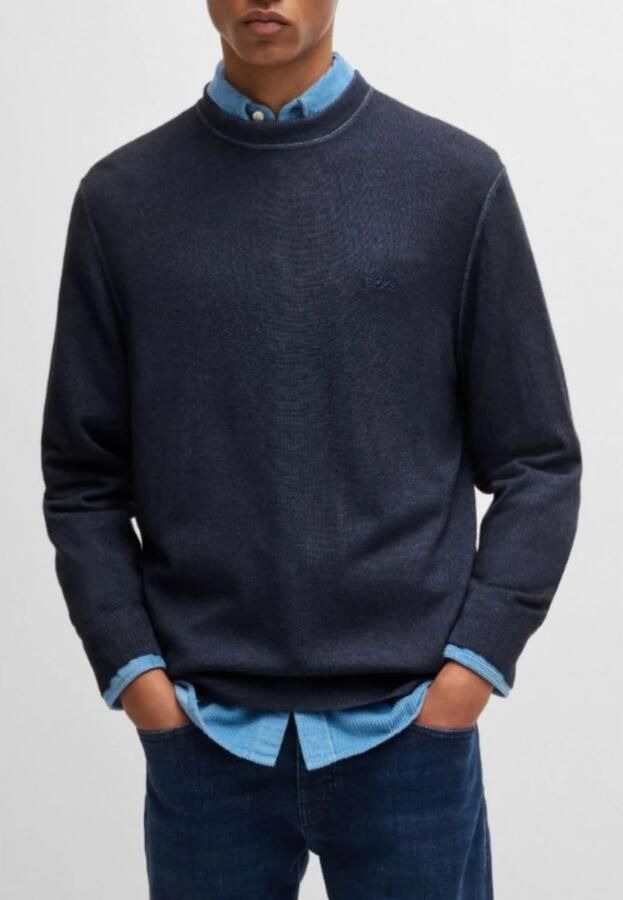 Boss Orange Blauwe Wollen Trui Geribbelde Ronde Hals Lange Mouw Blue Heren - Foto 7