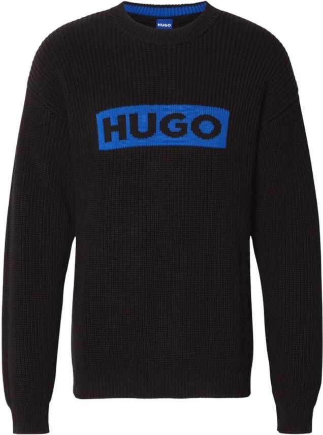 Hugo Blue Gebreide pullover met labelstitching model 'Seylo'