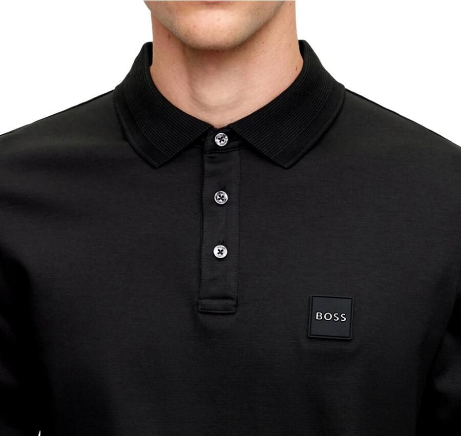 Hugo Boss Lange Mouw Katoenen Polo met Logo Patch Black Heren