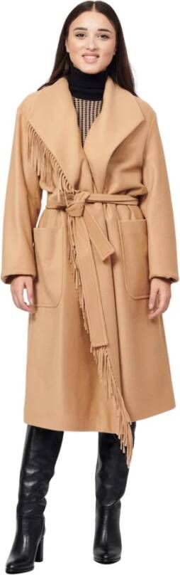 Hugo Boss Beige Lange Jas met Riem en Franje Details Beige Dames
