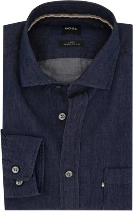 Hugo Boss casual overhemd slim fit blauw effen met borstzak