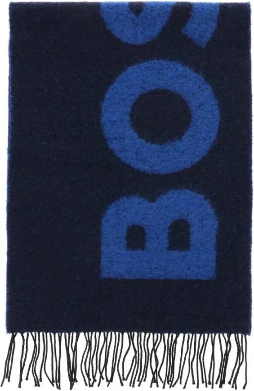 Boss bouclé wool blend scarf with logo Blauw Heren