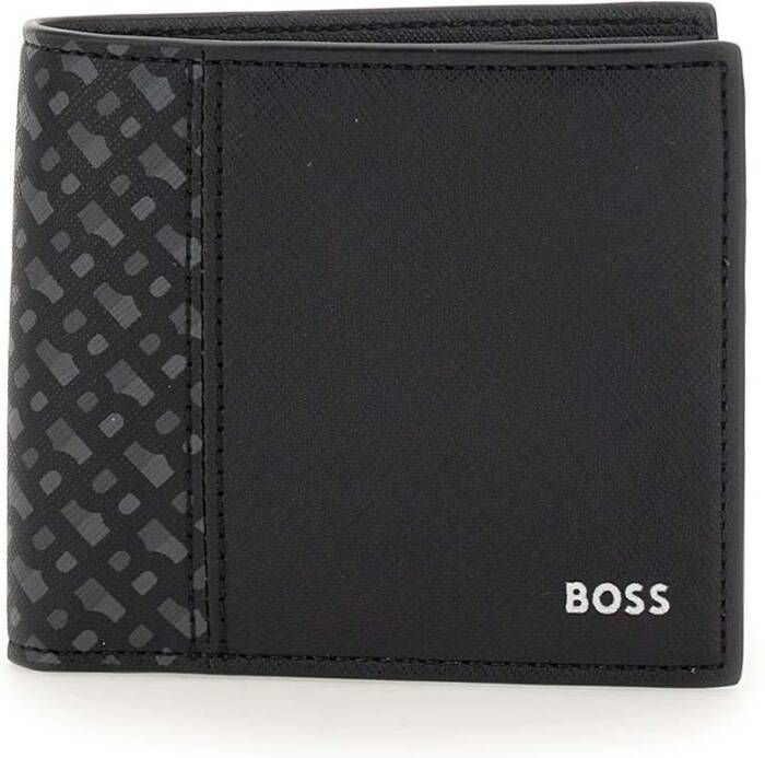 Hugo Boss Zwarte Leren Herenportemonnee met Monogram Patroon Zwart Heren