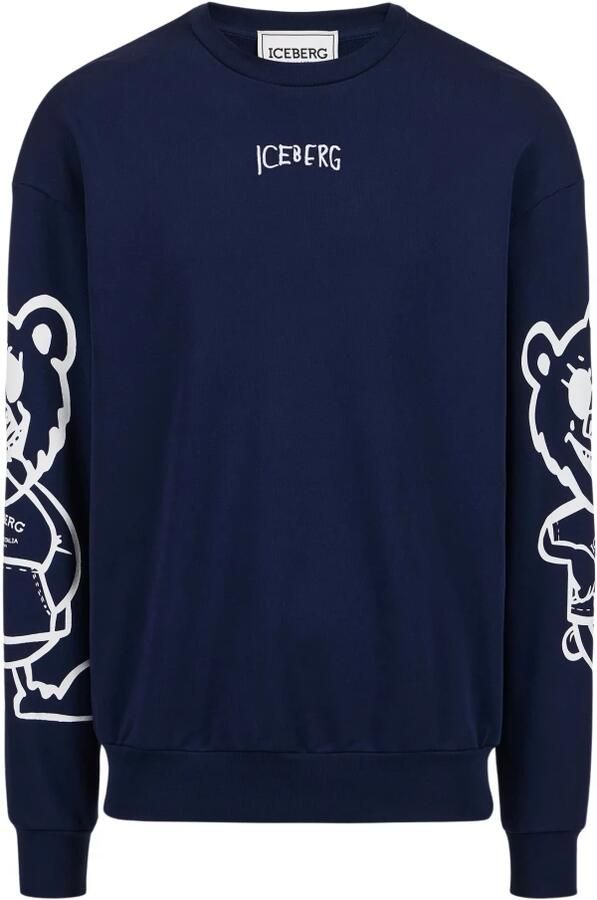 Iceberg Regular fit blauwe crewneck sweatshirt met beerprint en logoborduursel Blue Heren